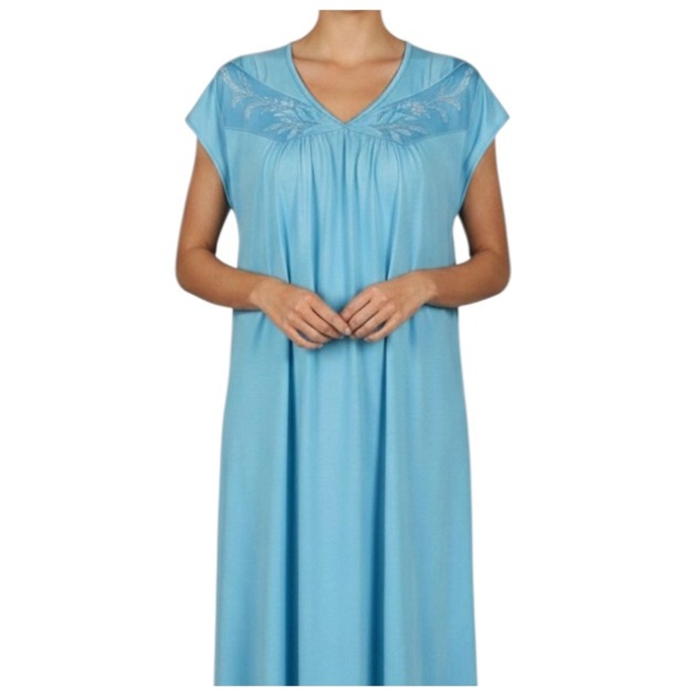 VTG SHADOWLINE Thin Nylon TEAL Lace Tim FLORAL EMBROIDERED Lounge NIGHTGOWN Sz L